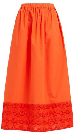 High Rise Broderie Anglaise Cotton Midi Skirt - Womens - Orange