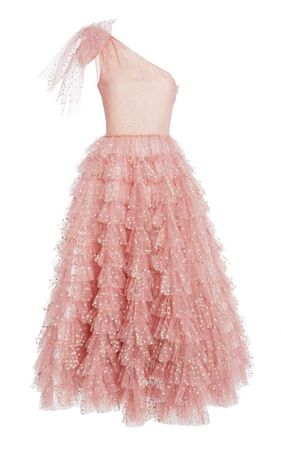 Pink glitter heart tiered tulle dress ruffle one shoulder