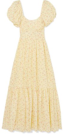 Angie Gathered Floral-print Cotton Maxi Dress - Pastel yellow