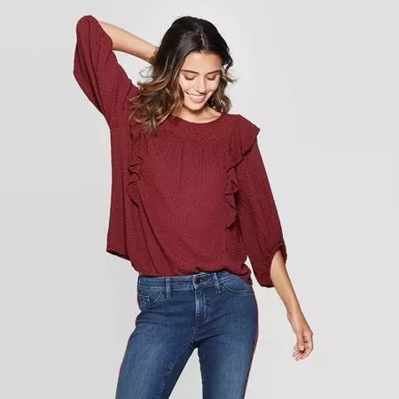 Women's 3/4 Sleeve Crewneck Ruffle Top Shirt - Universal Thread™ Burgundy : Target