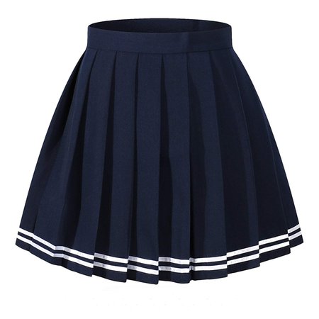 High Waisted Pleated Skirt - Dark Blue with White Striper
