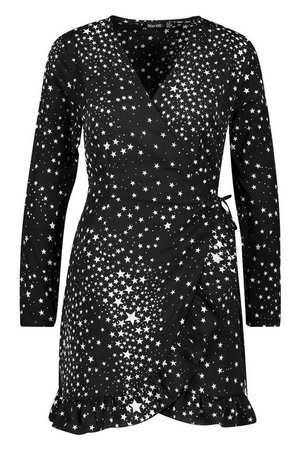 Petite Star Print Ruffle & Wrap Skater Dress | Boohoo black