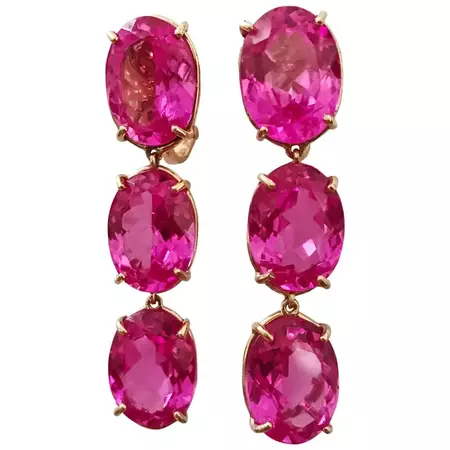Elegant Three-Stone Drop Earrings with Pink Topaz For Sale at 1stDibs | pink stone earrings, pink drop earrings, pink drop earings