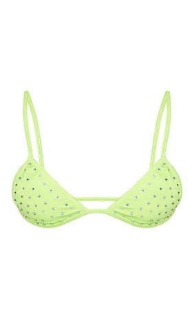 Limeade Diamante Studded Triangle Bikini Top | PrettyLittleThing