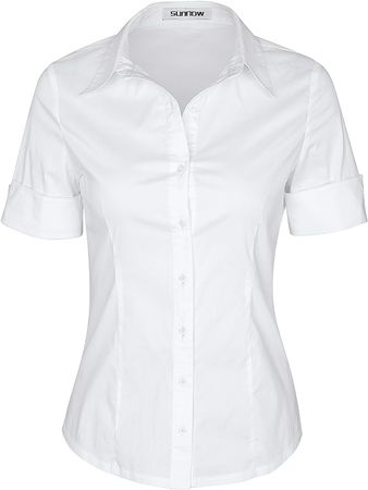 SUNNOW Womens Tailored Short Sleeve Basic Simple Button-Down Shirt with Stretch White at Amazon Women’s Clothing store