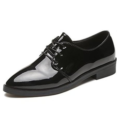 Women's Oxfords Low Heel Pointed Toe Lace-up Patent Leather Black Shoes