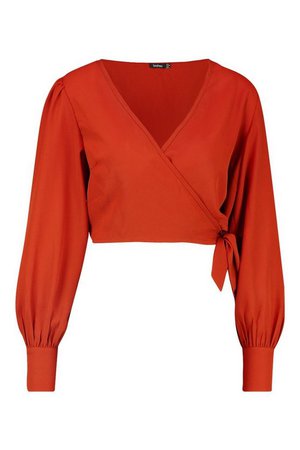 Tie Front Puff Sleeve Cropped Blouse | Boohoo orange