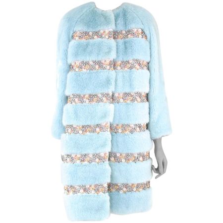 Pelush Powder Blue Faux Fur Mink Coat with Flower Embroidery and Brocade - XS For Sale at 1stDibs