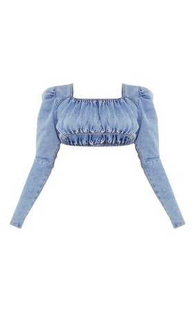 Light Blue Wash Ruched Detail Denim Crop Top - Denim - Womens Clothing | PrettyLittleThing USA
