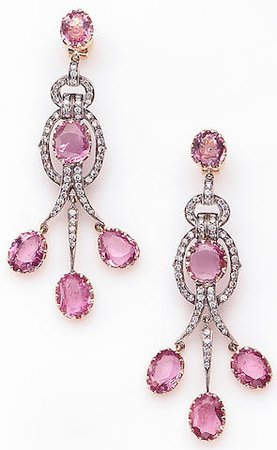 A pair of pink tourmaline, diamond and silver-topped gold earrings