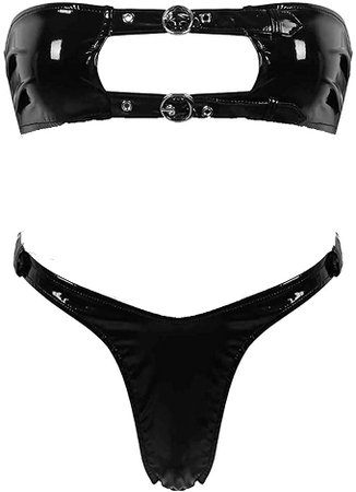 *clipped by @luci-her* Women's PVC Leather Metallic Lingerie Bikini Set Bustier Bra Top Micro Thong Swimsuit: Clothing