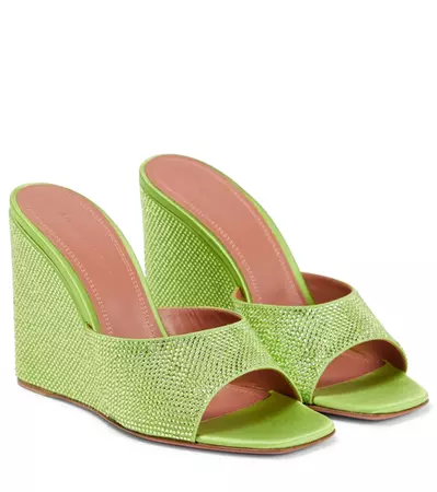 Amina Muaddi Lupita Crystal-embellished Satin Wedge Sandals In Green | ModeSens