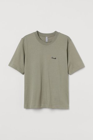 Cotton Jersey T-shirt - Light khaki green/Smile - Ladies | H&M US