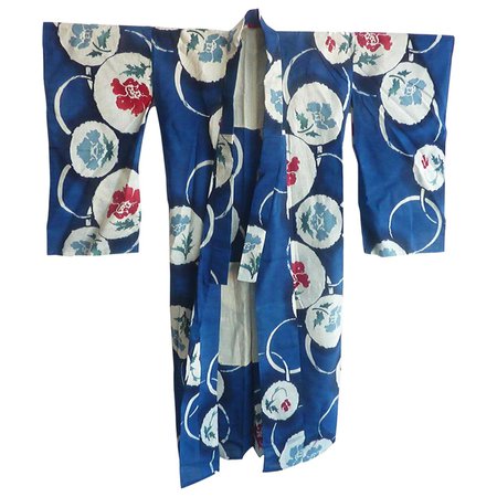 Vintage Japanese Blue Flower Moon Cotton Kimono For Sale at 1stDibs