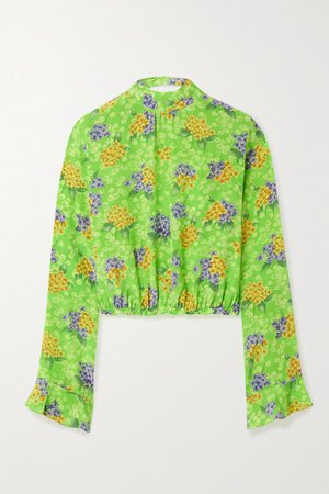Green Open-back floral-print silk-crepe blouse | Les Rêveries | NET-A-PORTER