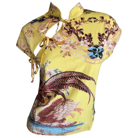 Roberto Cavalli Spring 2003 Silk Cheongsam Style Floral Top Size Large For Sale at 1stdibs