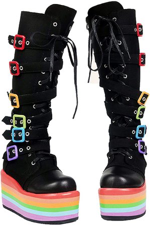 Amazon.com | SaraIris Women's Knee High Boots Chunky Rainbow Sole Colorful Buckle Lace-up Platform Boots Halloween Cosplay Motorcycle Boots | Knee-High