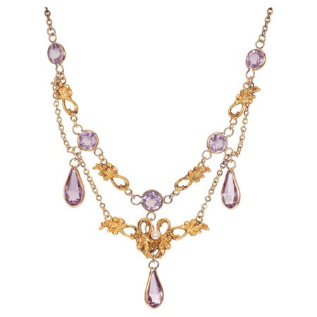 Victorian Pearl Amethyst Gold Pendant Drop Necklace For Sale at 1stDibs