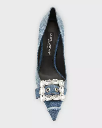 Dolce&Gabbana Patchwork Denim Crystal-Buckle Pumps | Neiman Marcus