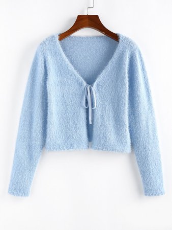 [59% OFF] 2021 ZAFUL Fuzzy Tie Front Plunging Cardigan In LIGHT BLUE | ZAFUL