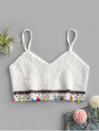 [35% OFF] 2020 Crochet Beading Pompoms Beach Cami Top In WHITE | ZAFUL