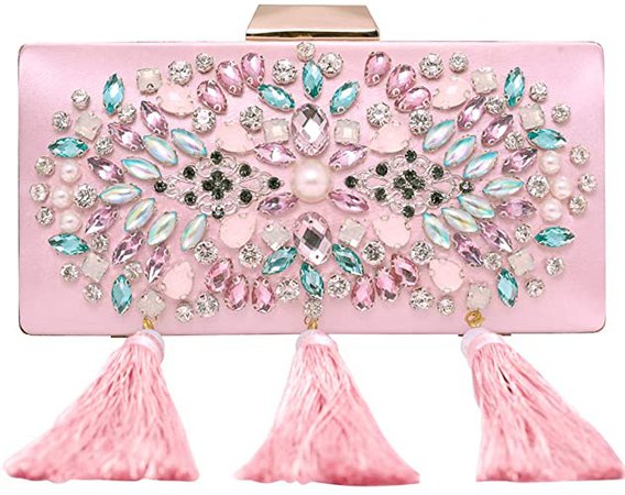 Womens Evening Clutch Bags Colorful Beaded Rhinestone Pink Handbag Wedding Party Purses
