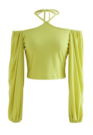 Tie Neck Puff Sleeve Crop Top in Lime - Retro, Indie and Unique Fashion