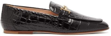 Double T Bar Crocodile Effect Leather Loafers - Womens - Black