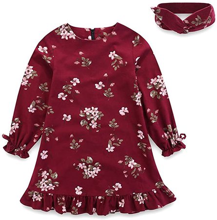 Amazon.com: Comfybuy Baby Teen Girls Casual Floral Princess Dress Headband Set Long Sleeves Claret 5-6T: Clothing