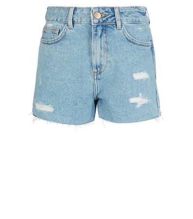 Girls Pale Blue Ripped Denim Mom Shorts | New Look