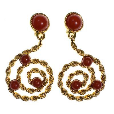 Vintage Avon Gold Scroll Statement Earrings with Carnelian Lucite Cabo - Vintage Meet Modern