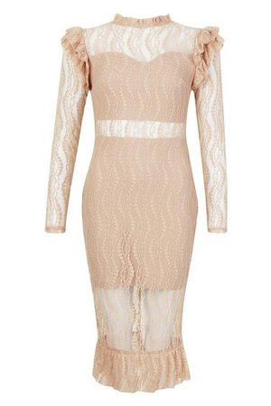Long Sleeve All Over Lace Midi Dress | Boohoo nude