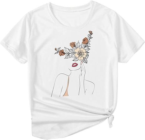 Romwe Women's Graphic Printed Cartoon Portrait Short Sleeve Casual T-Shirt Top at Amazon Women’s Clothing store