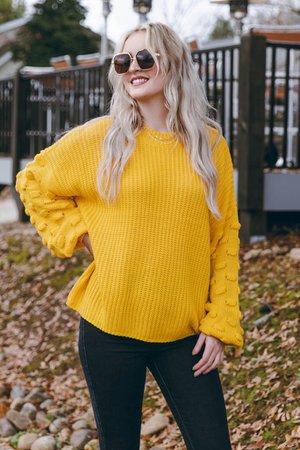Women's Mustard Yellow Knit Sweater- Bubble Sleeve Sweater- Trendy Fall Sweaters- $44 – Juliana's Boutique