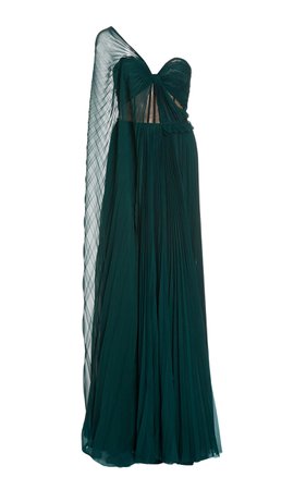 Oscar de la Renta, Green Pleated Cold-shoulder Silk Gown