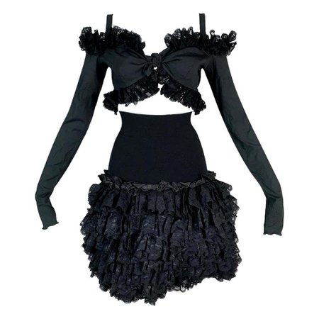1991 Dolce and Gabbana Black Wrap Crop Top and High Waist Lace Ruffle Mini Skirt For Sale at 1stdibs