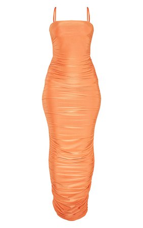 Orange Strappy Slinky Ruched Back Maxi Dress | PrettyLittleThing USA