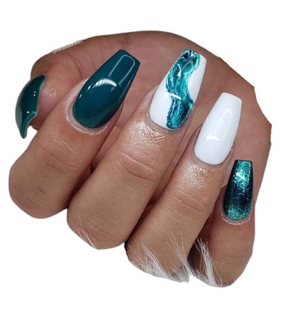 teal and white nails