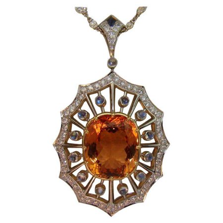 Imperial Topaz, Moonstone, and Diamond Pendant in Platinum For Sale at 1stDibs