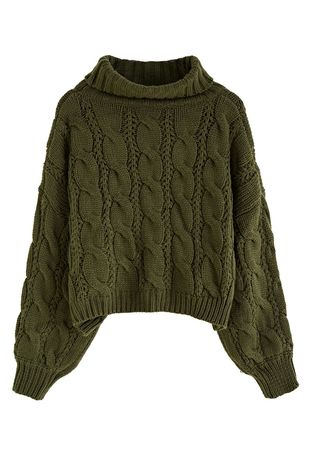 Turtleneck Braid Knit Crop Sweater in Army Green - Retro, Indie and Unique Fashion