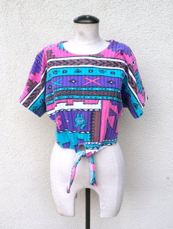 Funky 90s T shirt Pink and teal Geometric Tie Crop Top | Etsy