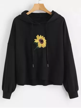 [HOT] 2019 Sequin Flower Embroidered Hoodie In BLACK