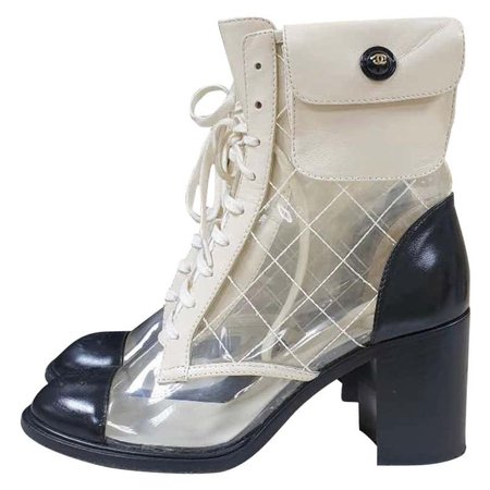 Chanel Black 19k Ivory Pvc Clear Pocket CC Lace Up Tie Short Heel Ankle Boots For Sale at 1stDibs