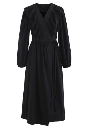 Eyelet Ruffle Front Wrap Long Sleeves Dress in Black - Retro, Indie and Unique Fashion