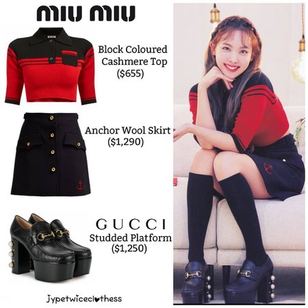 Twice's Fashion on Instagram: “NAYEON TWICELIGHTS PHOTOBOOK MIU MIU- Block Coloured Cashmere Top ($655) & Anchor Wool Skirt ($1,290) GUCCI- Studded Platform…”