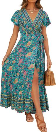 ZESICA Women's 2024 Bohemian Floral Printed Wrap V Neck Short Sleeve Split Beach Party Maxi Dress at Amazon Women’s Clothing store