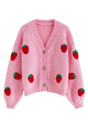 Stitch Strawberry Button Up Hand Knit Cardigan in Candy Pink - Retro, Indie and Unique Fashion