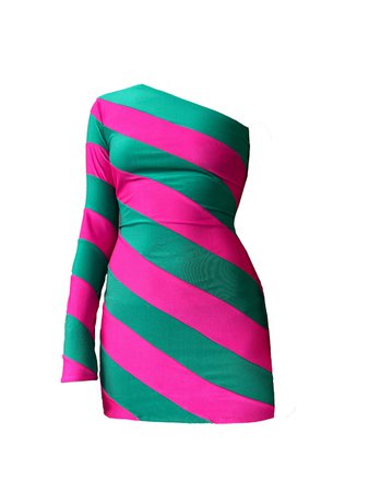 Lirika Matoshi Pink Green Stripe One Shoulder Mini Dress
