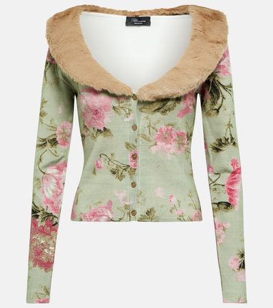 Faux Fur Trimmed Floral Cardigan in Multicoloured - Blumarine | Mytheresa