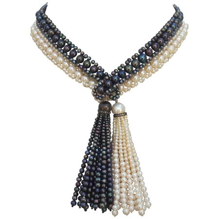 Marina J. Woven Art Deco Black and White Pearl, Long Lariat Necklace
